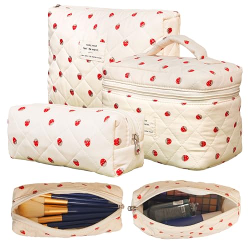 CRGANGZY Süße gesteppte Kosmetikbeutel Erdbeerabdruck Entzückender Polsterhuhnbeutel große Kapazität Baumwolle gepolstert Toiletten -Make -up -Koffer for Frauen Damen Mädchen Badezimmer Reisen Verwend von CRGANGZY
