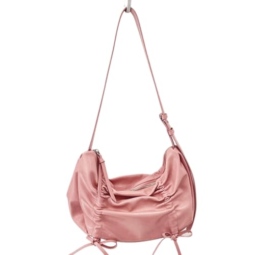 CRGANGZY Weiche Plissee-Schleife-Umhängetasche, PU-Leder, Hobo-Tasche, einfarbig, modische Handtasche mit verstellbarem Riemen, trendige Umhängetasche for Damen (Rosa) von CRGANGZY