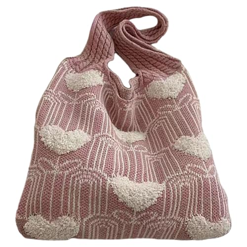 CRGANGZY Weiche Stricktasche for Damen, große Kapazität, Herzmuster, Häkel-Umhängetasche, vielseitige gestrickte Einkaufstasche, lässige Pendlertasche (Rosa) von CRGANGZY