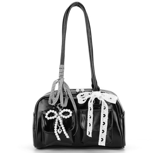 CRGANGZY Y2K-Umhängetasche for Damen, Schleife, Knoten, Boston-Tasche, PU-Leder mit Innentasche, Bowling-Tasche, Reißverschluss, Handtasche for Geschäftsreisen (schwarz) von CRGANGZY