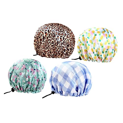 CRILSTYLEO 4stücke Teiliges Wasserdichter Duschhaube Für Frauen Verstellbare Badekappen Trendigen Designs Leopard Ananas Kariert Grüne Blumen Für Bad Make-up Und Gesichtsreinigung von CRILSTYLEO