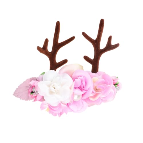 CRILSTYLEO ädchen Haarreif Mit Rehgeweih Und Blumen Weihnachts Kopfschmuck Für üßer Haaraccessoire Hellrosa Für Karnevals Und Cosplay Events von CRILSTYLEO