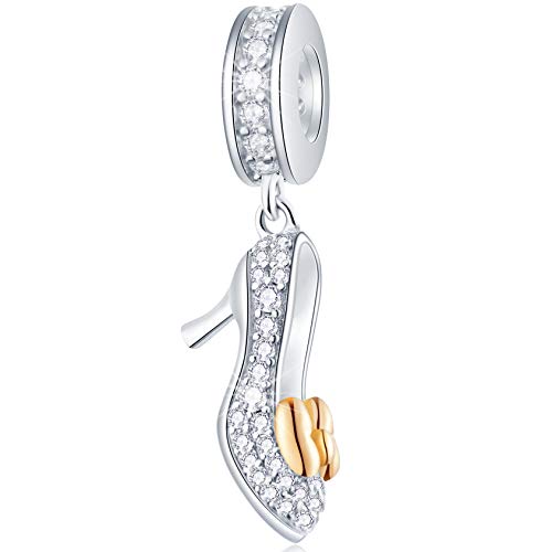 Dangle funkelnde High Heel Schuh CZ Charms mit goldenem Bogenknoten, 925 Sterling Silber Frau Stiletto Anhänger Perlen passen Pandora Armband Halskette, Geschenk für Weihnachten/Freundin/Patin von CRISNATA