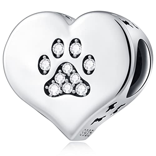 Hund/Katze Pfote Print auf mein Herz Charms, passt Pandora Tier Armband, 925 Sterling Silber Openwork Doggie Knochen Welpe Pfotenabdruck CZ Perlen, Geschenke für Mama/Schwester/Sohn Tochter von CRISNATA