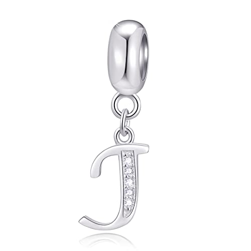 Initial J Anhänger Charm, Buchstabe J Charms Fit Pandora Schlange Armband, 925 Sterling Silber Dangle CZ Birthstone Alphabet Perlen von CRISNATA