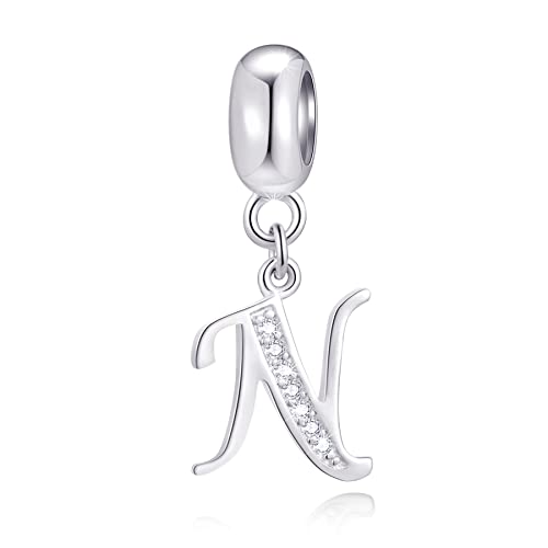 Initial N Anhänger Charm, Buchstabe N Charms Fit Pandora Halskette Armband, 925 Sterling Silber Dangle CZ Birthstone Alphabet Perlen von CRISNATA