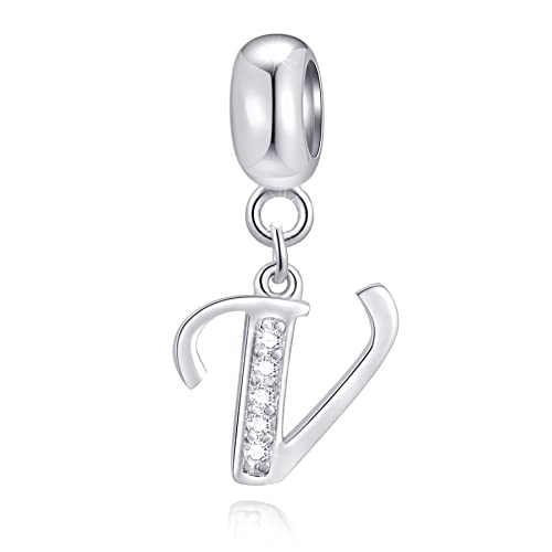 Initial V Anhänger Charm, Buchstabe V Charms Fit Pandora Valentinstag Armband, 925 Sterling Silber Dangle CZ Alphabet Perlen von CRISNATA