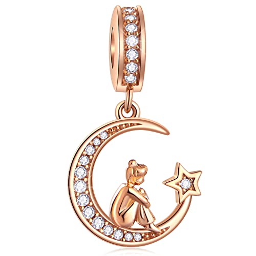 Rosegold Mädchen sitzt auf Halbmond Mond Anhänger Charms, passt Pandora Valentin Armband, 925 Sterling Silber Girl on Mondsichel Moon Bead, Geschenke für Schwester/Freundin/Tochter von CRISNATA
