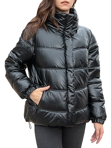 CRISSREXO Damen Steppjacke Glänzend Puffer Jacke Metallic Winter Warm Zip Up Langarm Stehkragen Gepolstert Kurz Bubble Coat, Schwarz, XXL von CRISSREXO