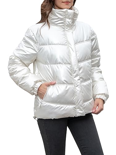 CRISSREXO Damen Steppjacke Glänzend Puffer Jacke Metallic Winter Warm Zip Up Langarm Stehkragen Gepolstert Kurz Bubble Coat, Weiss/opulenter Garten, XXL von CRISSREXO