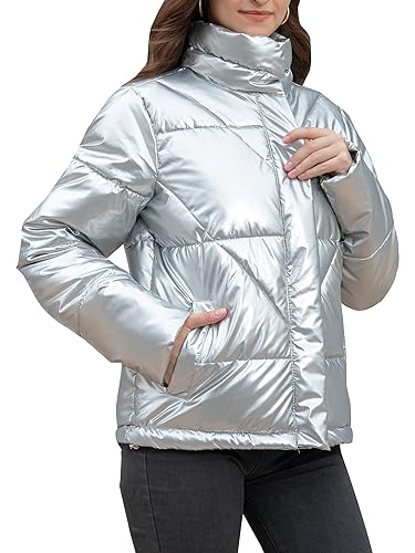 CRISSREXO Damen Steppjacke Metallic Glänzend Puffer Jacke Winter Warm Voller Reißverschluss Stehkragen Gepolsterter Kurzmantel, silber, Large von CRISSREXO