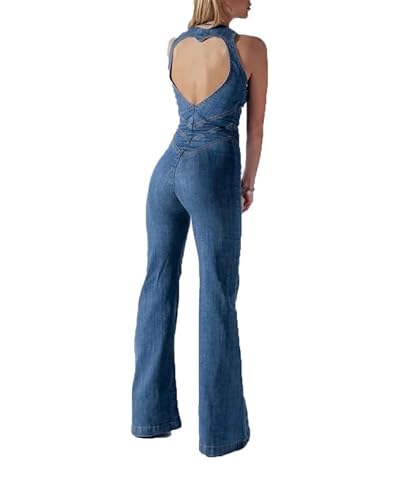 CRITOR Damen-Jeans-Overall mit Reißverschluss vorne, ärmellos, rückenfrei, figurbetont, Denim-Overall, ausgestelltes Bein, Jeans-Strampler von CRITOR