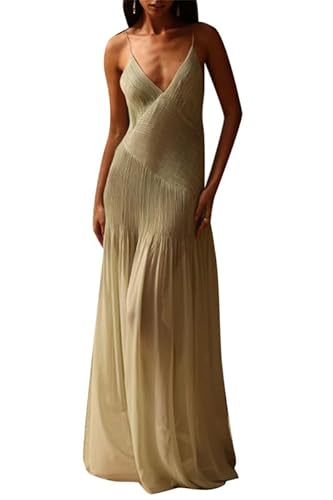CRITOR Damen Maxikleid mit V Ausschnitt und Spaghettiträgern rückenfrei fließend plissiert Lange Kleider Kleid von CRITOR