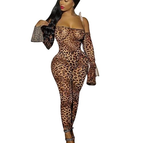 CRITOR Damen-Strampler mit Leopardenmuster, Damen-Overall mit Leoparden-Mesh-Leoparden-Catsuit und Leoparden-Schlauch-Bodycon-Overall von CRITOR