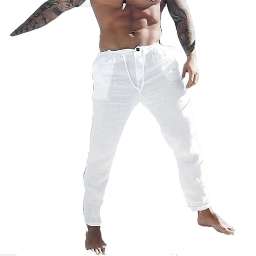 CRITOR Herren Leinenhose lässige lockere Passform Kordelzug Sweathose leichte Baumwoll Leinen Cargohose von CRITOR
