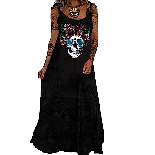 CRITOR Langes Maxikleid mit Riemen und Totenkopf für Damen. Ärmelloses Gothic-Halloween-Schädel-langes Kleid für Damen von CRITOR