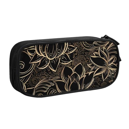 CRJSYCBYB Boho Gold Lotus Blumen Bedrucktes Federmäppchen Doppel-Federmäppchen Große Kapazität Reißverschluss Schreibwarenetui, Schwarz , Einheitsgröße, Münzfach von CRJSYCBYB