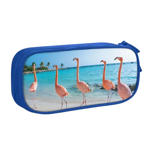CRJSYCBYB Federmäppchen mit Flamingo am Strand, bedruckt, Doppel-Federmäppchen, großes Fassungsvermögen, Reißverschluss, Schreibwarenetui, blau, Einheitsgröße, Münzfach von CRJSYCBYB
