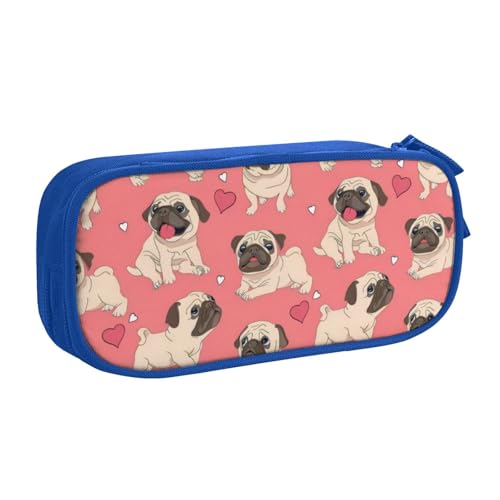 CRJSYCBYB Federmäppchen mit Mops-Motiv, doppeltes Federmäppchen, großes Fassungsvermögen, Reißverschluss, Schreibwarenetui, blau, Einheitsgröße, Münzfach von CRJSYCBYB