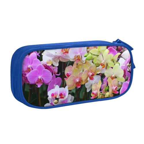CRJSYCBYB Federmäppchen mit Orchideen-Motiv, doppeltes Federmäppchen, großes Fassungsvermögen, Reißverschluss, Schreibwarenetui, blau, Einheitsgröße, Münzfach von CRJSYCBYB