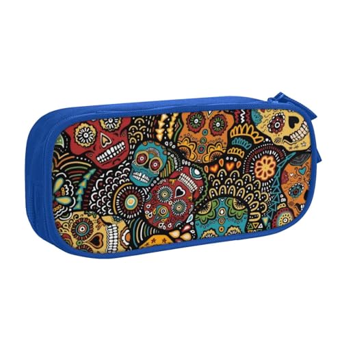 CRJSYCBYB Federmäppchen mit Totenkopf-Motiv, doppeltes Federmäppchen, großes Fassungsvermögen, Reißverschluss, Schreibwarenetui, blau, Einheitsgröße, Münzfach von CRJSYCBYB