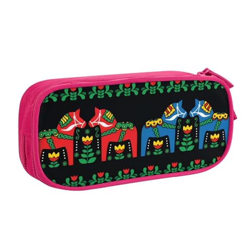 CRJSYCBYB Runner Federmäppchen mit schwedischem Dala-Pferd-Motiv, doppeltes Federmäppchen, großes Fassungsvermögen, Reißverschluss, Schreibwarenetui, rose, Einheitsgröße, Münzfach von CRJSYCBYB