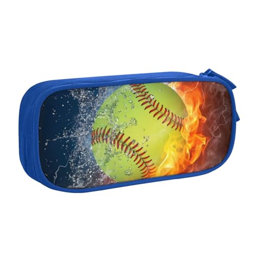 CRJSYCBYB Softball-bedrucktes Federmäppchen, Doppel-Federmäppchen, großes Fassungsvermögen, Reißverschluss, Schreibwarenetui, blau, Einheitsgröße, Münzfach von CRJSYCBYB
