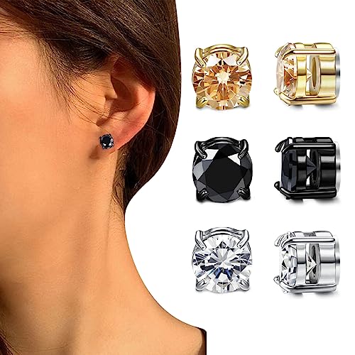3 Paare Magnetischer Ohrstecker Kein Piercing Magnet Ohrringe Fakes für Herren Mann Damen Edelstahl Magnet Ohrstecker Clips Tunnel Ohrclips Ohne Ohrloch Non Piercing Ohrringe Set Silber Schwarz Gold von CRLLDPM