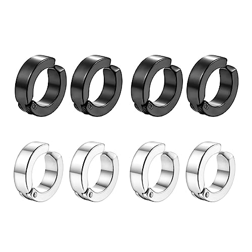 4 Paare Piercing Clip Ohrringe für Männer Frauen, Edelstahl Herren, Non Piercing Set Schwarz Silberton, Creolen Ohne Loch Fake Ohrstecker Ohrclips Klappcreolen, Silber Schwarz von CRLLDPM