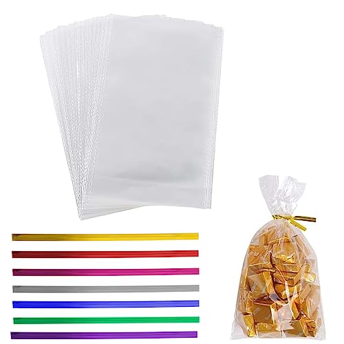 100 Stück Durchsichtige Cellophantüten Süßigkeiten Geschenkbeutel mit 100 Bunten Krawatten Süßigkeiten Tüten, 15 * 10cm Cellophantüten Plastiktüten klein für Süssigkeit Chocolate Brot von CRLLDPM