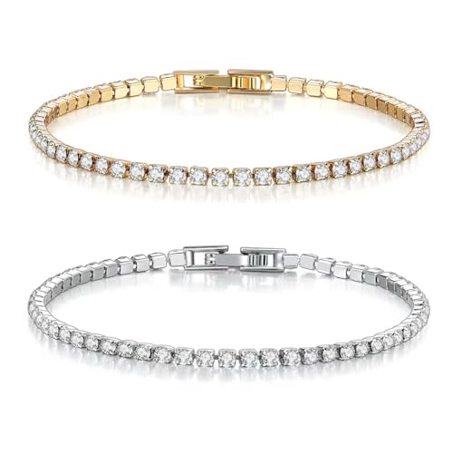 CRLLDPM 2 Stück Silber Armband Damen mit Shining Kristall Tennisarmband Silber Geschenk für Freundin Mutter Ehefrau,Glänzender Diamant Verstellbares Armband für Weihnachten von CRLLDPM