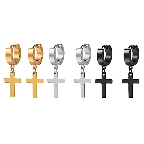 3 Paare Unisex Creolen, Edelstahl Klassisches Kreuz Ohrringe Ohrstecker Ohrhänger Ohr-Piercing für Herren Damen von CRLLDPM