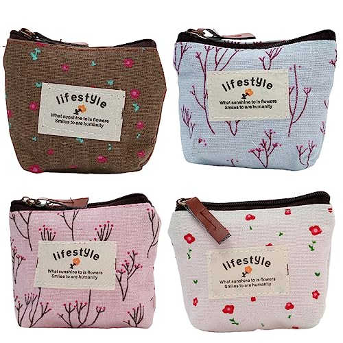 Geldbeutel Mini,4 Stück Kleines Portemonnaie Damen,Täschchen mit Reißverschluss,Kosmetiktasche,Mini Geldbörse Damen Canvas Münzgeldbeutel mit Reißverschluss und Muster, für Münzen, Karten, Schlüssel von CRLLDPM