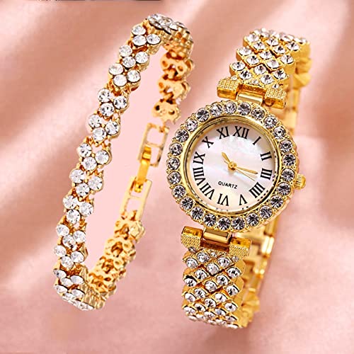 YLSB QQRWW Roman Pattern Diamond Damen-Quarzuhr, Farbe: Gold + Armband von CRNKJ