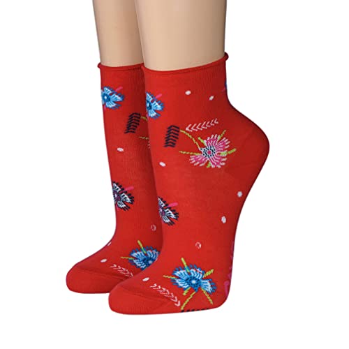 Crönert Damen Kurzsocken mit Rollrand im Design Blumen 14328 Gr.35-38, rot von Crönert