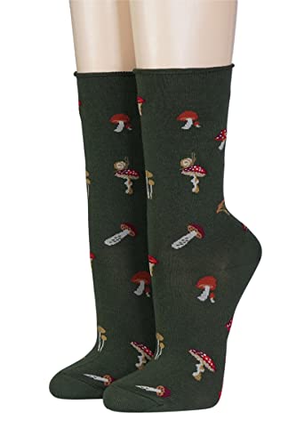 CRÖNERT Damen Socken mit Rollrand Fliegenpilze Trichterlinge und Maronen 18829 Gr. 35-38, oliv von CRÖNERT