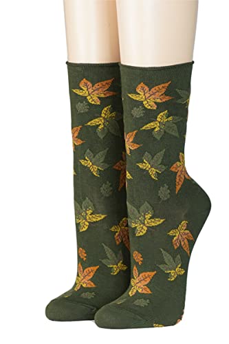 CRÖNERT Damen Socken mit Rollrand Herbstblätter 18203 Gr. 39-42, oliv von CRÖNERT