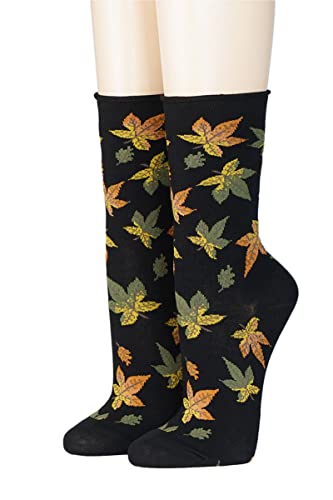 CRÖNERT Damen Socken mit Rollrand Herbstblätter 18203 Gr. 39-42, schwarz von CRÖNERT