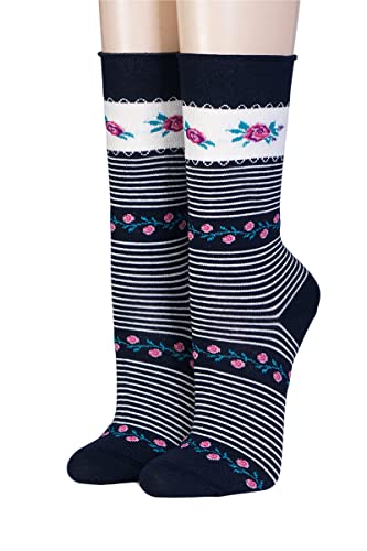 CRÖNERT Damen Socken mit Rollrand Ringelrosen und Streifen 18305 Gr. 35-38, marine von CRÖNERT