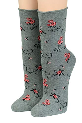 CRÖNERT Longsocks, Söckchen mit Rollrand Design Albertinas Rosengarten 18404 (35/38, grau 2682) von CRÖNERT
