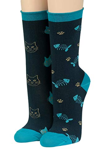 CRÖNERT Longsocks, Söckchen mit Rollrand Design crazy Cats with Fishes 18425 (39/42, marine 1920) von CRÖNERT