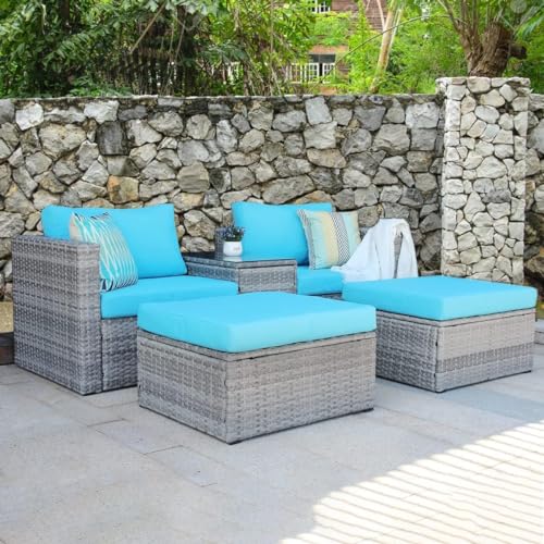 5-teiliges Sofa-Set aus Korbgeflecht for den Außenbereich, PE-Rattan, wetterfest, blau, gepolsterte Sofa-Sets, Gesprächs-Sets, Gartenmöbel mit 2 Kissen und Couchtisch /701 von CROKZ