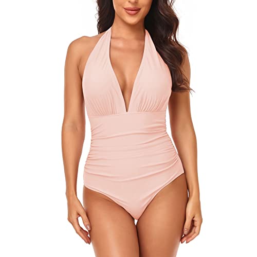 Badeanzug Damen Bauchweg Wickeloptik Badeanzüge V Ausschnitt Plissiert Zierausschnitten Einteilige Bademode One Piece Swimsuit Push up Hoch Monokini Bikini pink XL von CROMMA