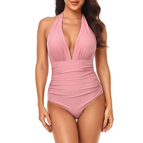 Badeanzug Damen Bauchweg Wickeloptik Badeanzüge V Ausschnitt Plissiert Zierausschnitten Einteilige Bademode One Piece Swimsuit Push up Hoch Monokini Damen Bikini Rot M von CROMMA