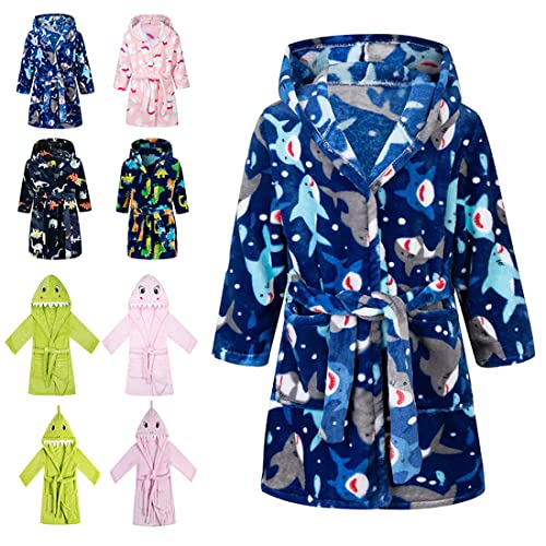 CROOUTN Bademantel Kinder mit Kapuze für Jungen Mädchen Bademäntel Morgenmantel kuschelig warmen und weichen Pyjamas Kleinkind Coral Fleece Hoodie Roben Blau Hai 6-7 Jahre von CROOUTN