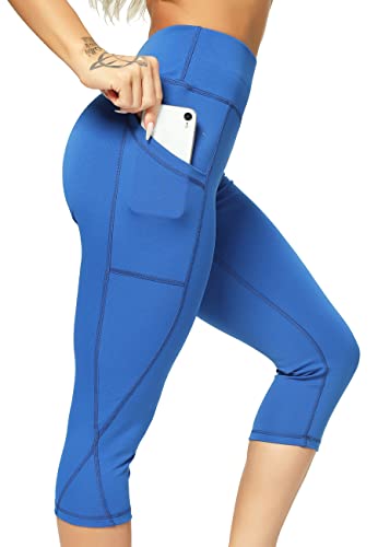 CROSS1946 Leggings 3/4 Sports Femme Pantacourt Avec Poches Tights Pantalons Capri Collant Élastique Yoga Gym, B-Court-Bleu M von CROSS1946