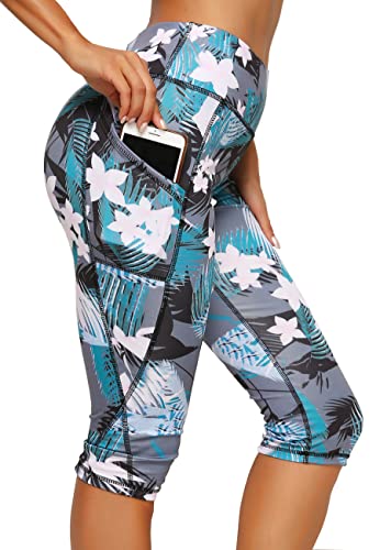 CROSS1946 Leggings 3/4 Sports Femme Pantacourt Avec Poches Tights Pantalons Capri Collant Élastique Yoga Gym, B-Court-Motif Bleu M von CROSS1946