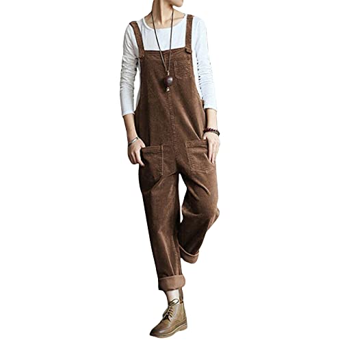 Damen Vintage Cord-Latzhose Baggy Ärmellos Overall Riemen Jumpsuits Hose, coffee, 36 von CROSTRITON