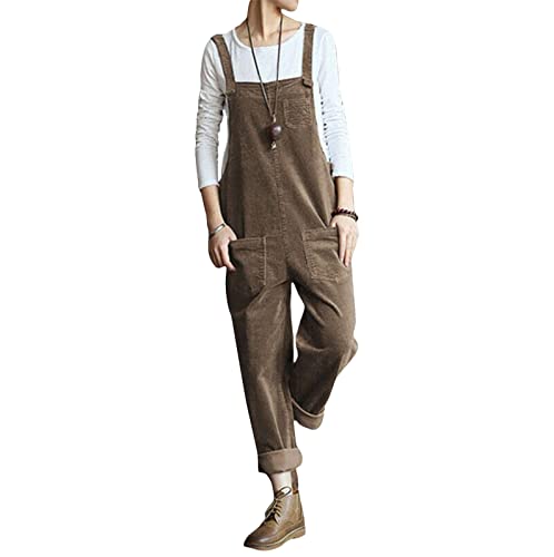 Damen Vintage Cord-Latzhose Baggy Ärmellos Overall Riemen Jumpsuits Hose, khaki, 36 von CROSTRITON