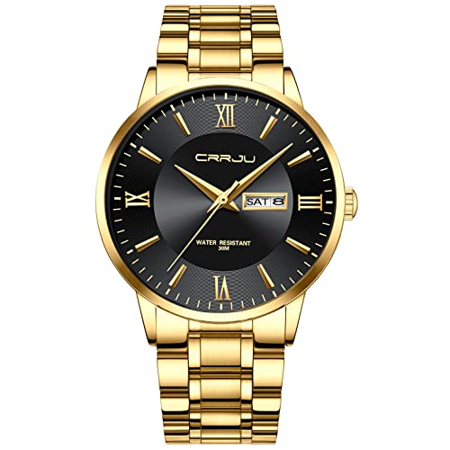 CRRJU Armbanduhr Herren Edelstahl Band Männer Uhr Analog wasserdichte Business Schwarz Stoppuhr Klassische Quarzuhr mit Kalender (Gold Schwarz) von CRRJU